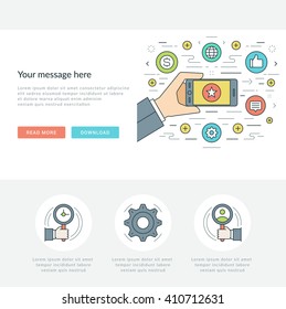 Flat line Business Concept Web Site Header Vector illustration. Modern thin linear stroke vector icons. For website graphics, Mobile Apps, Web Page Layout design. Vector Icons.