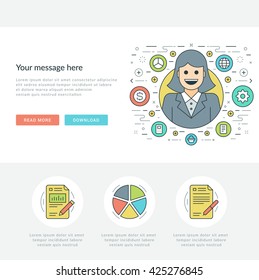 Flat line Business Concept Web Site Header Vector illustration. Modern thin linear stroke vector icons. For website graphics, Mobile Apps, Web Page Layout design. Vector Icons.