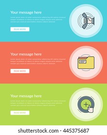 Flat line Business Concept Web Site Banners Set Vector illustration. Modern thin linear stroke icons. For Advertising Graphics, Mobile Apps, Page Layout design. 