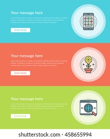 Flat line Business Concept Web Site Banners Set Vector illustration. Modern thin linear stroke vector icons. For Website Advertising Graphics, Mobile Apps, Web Page Layout design. Vector Icons.
