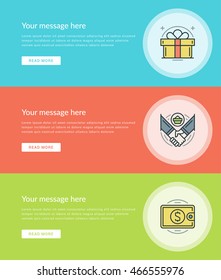 Flat line Business Concept Web Site Banners Set Vector illustration. Modern thin linear stroke vector icons. For Website Advertising Graphics, Mobile Apps, Web Page Layout design. Vector Icons
