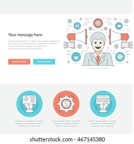Flat line Business Concept Web Site Header Vector illustration. Modern thin linear stroke icons. For Mobile Apps Graphics, Page Layout design. 