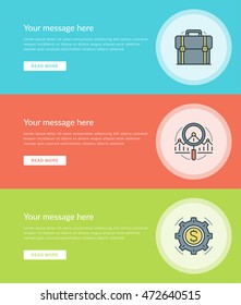 Flat line Business Concept Web Site Banners Set Vector illustration. Modern thin linear stroke vector icons. For Website Advertising Graphics, Mobile Apps, Web Page Layout design. Vector Icons