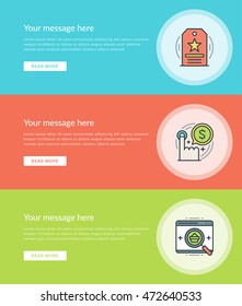 Flat line Business Concept Web Site Banners Set Vector illustration. Modern thin linear stroke vector icons. For Website Advertising Graphics, Mobile Apps, Web Page Layout design. Vector Icons