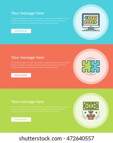 Flat line Business Concept Web Site Banners Set Vector illustration. Modern thin linear stroke vector icons. For Website Advertising Graphics, Mobile Apps, Web Page Layout design. Vector Icons
