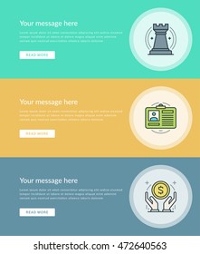 Flat line Business Concept Web Site Banners Set Vector illustration. Modern thin linear stroke vector icons. For Website Advertising Graphics, Mobile Apps, Web Page Layout design. Vector Icons
