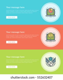 Flat line Business Concept Web Site Banners Set Vector illustration. Modern thin linear stroke vector icons. For Website Advertising Graphics, Mobile Apps, Web Page Layout design. Vector Icons.