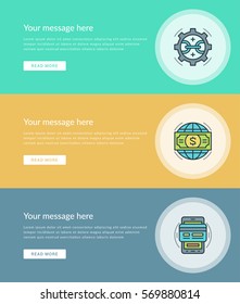 Flat line Business Concept Web Site Banners Set Vector illustration. Modern thin linear stroke vector icons. For Website Advertising Graphics, Mobile Apps, Web Page Layout design.