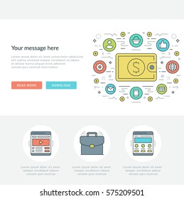 Flat line Business Concept Web Site Header Vector illustration. Modern thin linear stroke vector icons. For website graphics, Mobile Apps, Web Page Layout design.