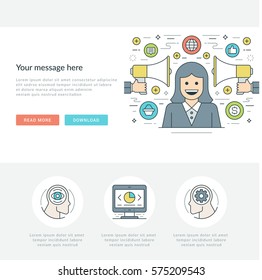 Flat line Business Concept Web Site Header Vector illustration. Modern thin linear stroke vector icons. For website graphics, Mobile Apps, Web Page Layout design.