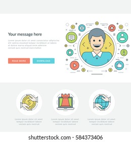 Flat line Business Concept Web Site Header Vector illustration. Modern thin linear stroke vector icons. For website graphics, Mobile Apps, Web Page Layout design.