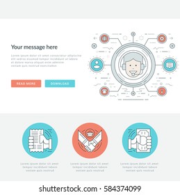Flat line Business Concept Web Site Header Vector illustration. Modern thin linear stroke vector icons. For website graphics, Mobile Apps, Web Page Layout design.
