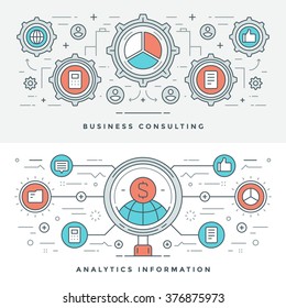 Flat line Business Consulting and Analytics. Vector illustration. Modern thin linear stroke vector icons. Website Header Graphics, Banner, Infographics Design, Promotional Materials. Vector Icons.