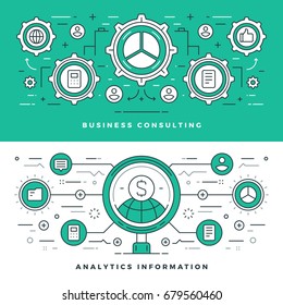 Flat line Business Consulting and Analytics. Vector illustration. Modern thin linear stroke vector icons. Website Header Graphics, Banner, Infographics Design, Promotional Materials. Vector Icons.