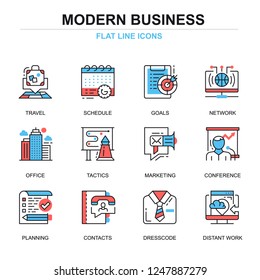 Flat line business and development icons concepts set for website and mobile site and apps. Marketing tactics, planning working goals. Thin line color simple pictogram pack. Vector illustration.
