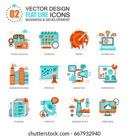 Flat line business and development icons concepts set for website and mobile site and apps. Marketing tactics, planning working goals. New style flat simple pictogram pack. Vector illustration.