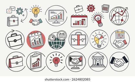 Flat Line Business Icon Set – Startup, Finance, Growth, Idea Vector Icons

