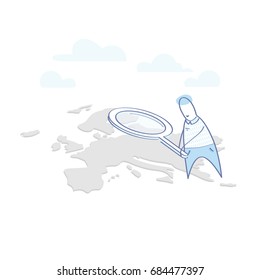Flat line business illustration concept of research, search for a location, study of a map, route. Cute cartoon man with magnifying glass looking for something on the map of Europe. Isolated vector.