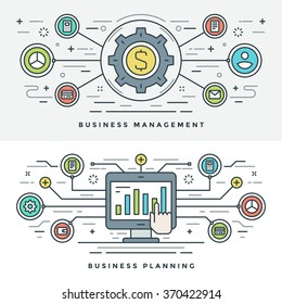 Flat line Business Management and Planning Concept Vector illustration. Modern thin linear stroke vector icons. Website Header Graphics, Banner, Infographics Design, Promotional Materials. Money Icon.