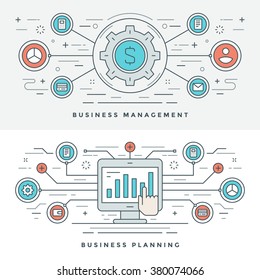 Flat line Business Management and Planning Concept Vector illustration. Modern thin linear stroke vector icons. Website Header Graphics, Banner, Infographics Design, Promotional Materials. Money Icon.