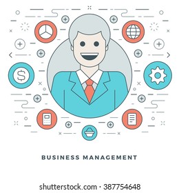 Flat line Business Management or Support Concept. Vector illustration. Modern thin linear stroke vector icons. 