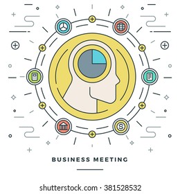 Flat line Business Meeting and Analysis Concept Vector illustration. Modern thin linear stroke vector icons. Website Graphics, Banner, Infographics Design, Promotional Material. Human Head Icon.