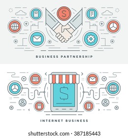 Flat line Business Partnership and Internet. Vector illustration. Modern thin linear stroke vector icons. Website Header Graphics, Banner, Infographics Design, Promotional Materials. Hands Icons.
