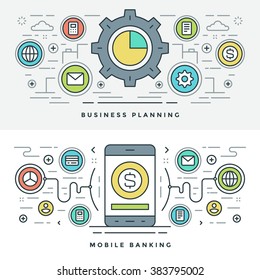 Flat line Business Planning and Banking. Vector illustration. Modern thin linear stroke vector icons. Website Header Graphics, Banner, Infographics Design, Promotional Materials. Vector Icons.