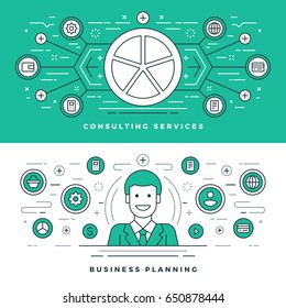 Flat line Business Planning and Consulting. Vector illustration. Modern thin linear stroke vector icons. Website Header Graphics, Banner, Infographics Design, Promotional Materials. Vector Icons.