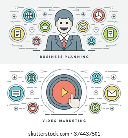 Flat line Business Planning and Video Marketing. Vector illustration. Modern thin linear stroke vector icons. Website Header Graphics, Banner, Infographics Design, Promotional Materials. People Icons.