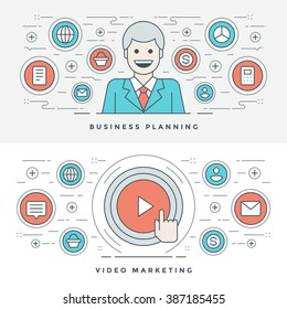 Flat line Business Planning and Video Marketing. Vector illustration. Modern thin linear stroke vector icons. Website Header Graphics, Banner, Infographics Design, Promotional Materials. People Icons.