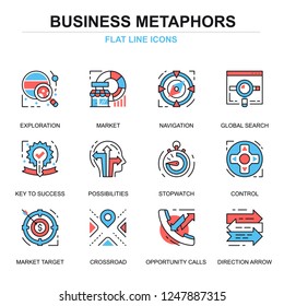 Flat line business process icons concepts set for website and mobile site and apps. Solution finding, market strategy tactics. Thin line color simple pictogram pack. Vector illustration.