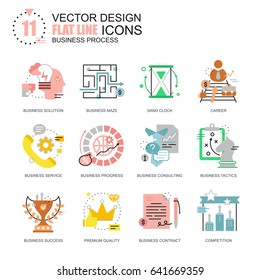 Flat line business process icons concepts set for website and mobile site and apps. Solution finding, market strategy tactics. New style flat simple pictogram pack. Vector illustration.