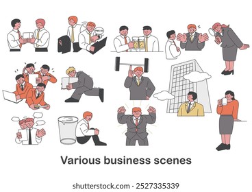 Flat Line Business Scene Illustration Set
