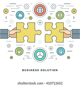 Flat line Business Solution Concept Vector illustration. Modern thin linear stroke vector icons. Website Header Graphics, Banner, Infographics Design, Promotional Materials. Vector Icons.