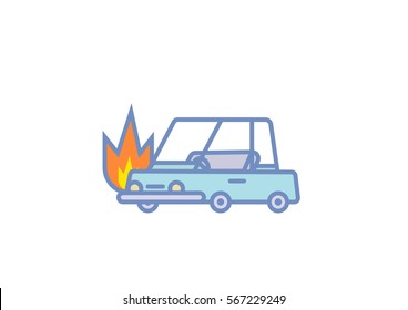 Flat line car insurance simple illustration of burning vehicle on white background. Vector icon of automobile on fire.