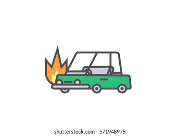 Flat line car insurance simple illustration of burning vehicle on white background. Vector icon of automobile on fire.
