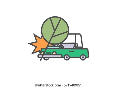 Flat line car insurance simple illustration featuring tree falling on vehicle. Vector icon of automobile hitting an oak on white background.