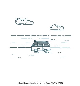 Flat line card with minivan on the beach. Adventure and Travel concept.