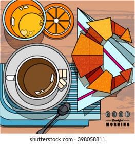 Flat line cartoon breakfast icons set with coffee cup, orange juice and croissant for Good Morning. Isolated vector illustration for cafe and healthy food fitness