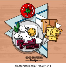 Flat line cartoon breakfast icons set with toast, cheese, scrambled eggs, bacon and tomato for Good Morning. Isolated vector illustration for cafe and healthy food fitness