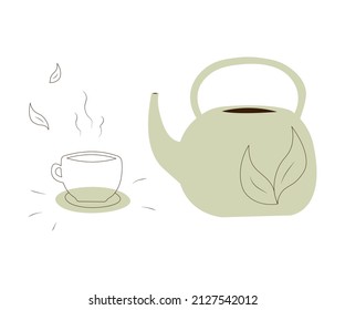 Flat and line cartoon vector illustration teapot and cup. Decorative kitchen tools, household utensils, ceramic drinkware for tea time or coffee. Minimalistic graphics.
