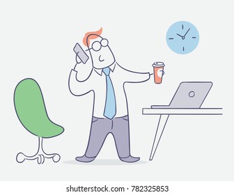 flat line character vector design - businessman talking on phone in office