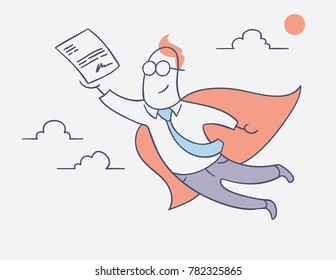 flat line character vector design - businessman hero flying with signed contract