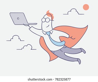 flat line character vector design - businessman hero flying with laptop computer