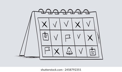 Flat line charcoal chalk vector illustration of a flip calendar with v and x checkmarks. Concept of schedule planning, time management and work organization. Put reminder notes in personal organizer.