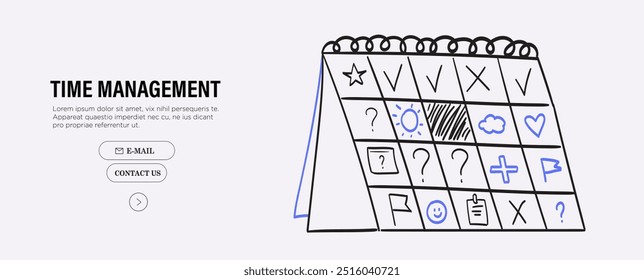 Flat line charcoal chalk vector illustration of a flip calendar with v and x check marks. Concept of schedule planning, time management and work organization. Put reminder notes in personal organizer.