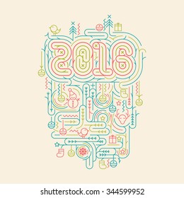 Flat line Christmas and New Year 2016 vector illustrations for greeting cards, banners or background