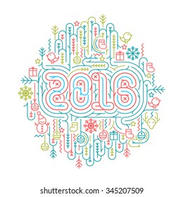 Flat line Christmas and New Year 2016 vector illustrations for greeting cards, banners