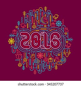 Flat line Christmas and New Year 2016 vector illustrations for greeting cards, banners